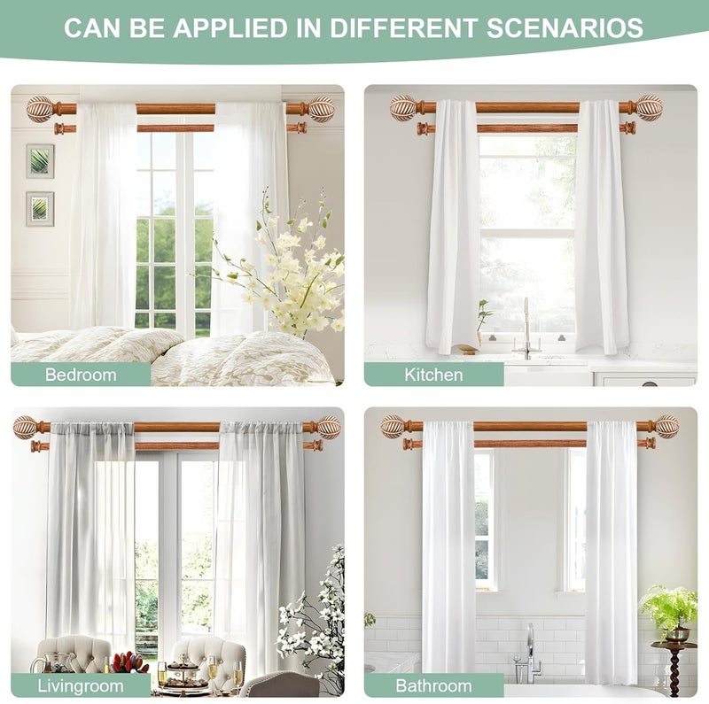 TANGWIN Boho Wooden Curtain Rods for Windows 66 to 120: 1" Heavy Duty Double Curtain Rod with Imitation Wood Grain Finials Farmhouse Decorative Wood Curtain Rod Dual Adjustable for Living Room Bedroom - Image 4